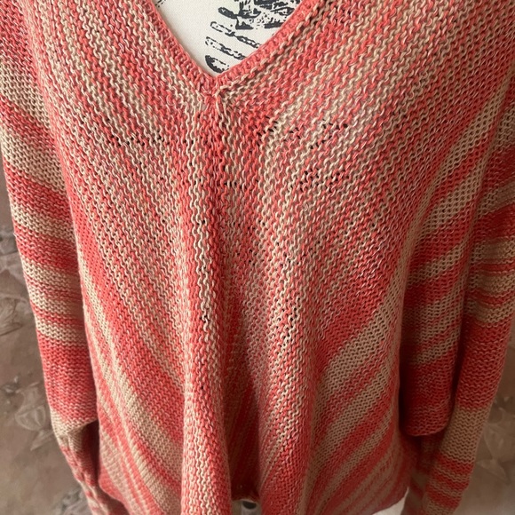 WOODEN SHIPS BEACHCOMBER KNIT V NECK TOP LARGE XL TAB ORANGE CHEVRON STRIPE - Picture 6 of 6